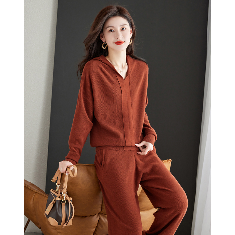 洋气减龄连帽针织运动套装女秋装长袖纯色毛衣运动服阔腿裤两件套