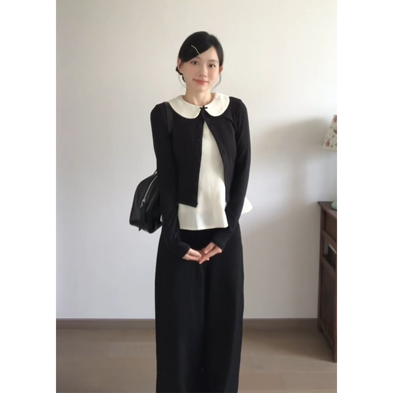 韩系甜美穿搭一整套黑色针织开衫搭娃娃领打底上衣高腰显瘦阔腿裤