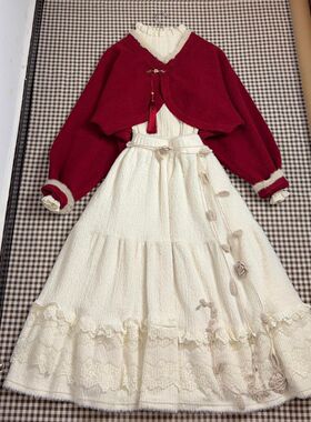 朱砂痣 中式气质红色短款毛衣+针织打底衫+蕾丝拼接半裙三件套女