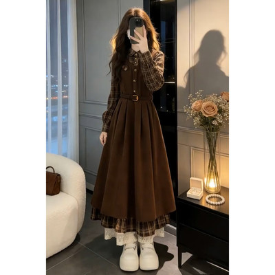 法式美拉德假两件衬衫连