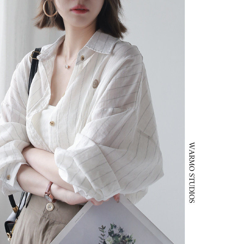 Warmo2025夏季宽松薄款防晒衣条纹棉麻长袖衬衫女中长版外穿上衣