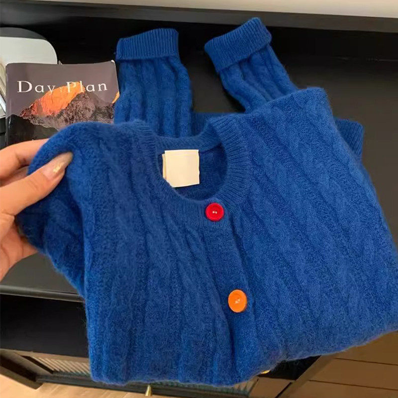 克莱因蓝针织开 衫外套女秋冬韩系慵懒风毛衣洋派独特别致上衣春