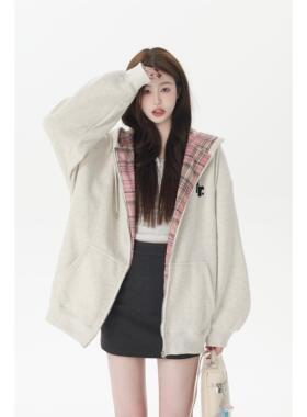 RTYHY 加绒连帽运动衫外套女春秋2025韩系慵懒格纹拉炼帽衫宽松开