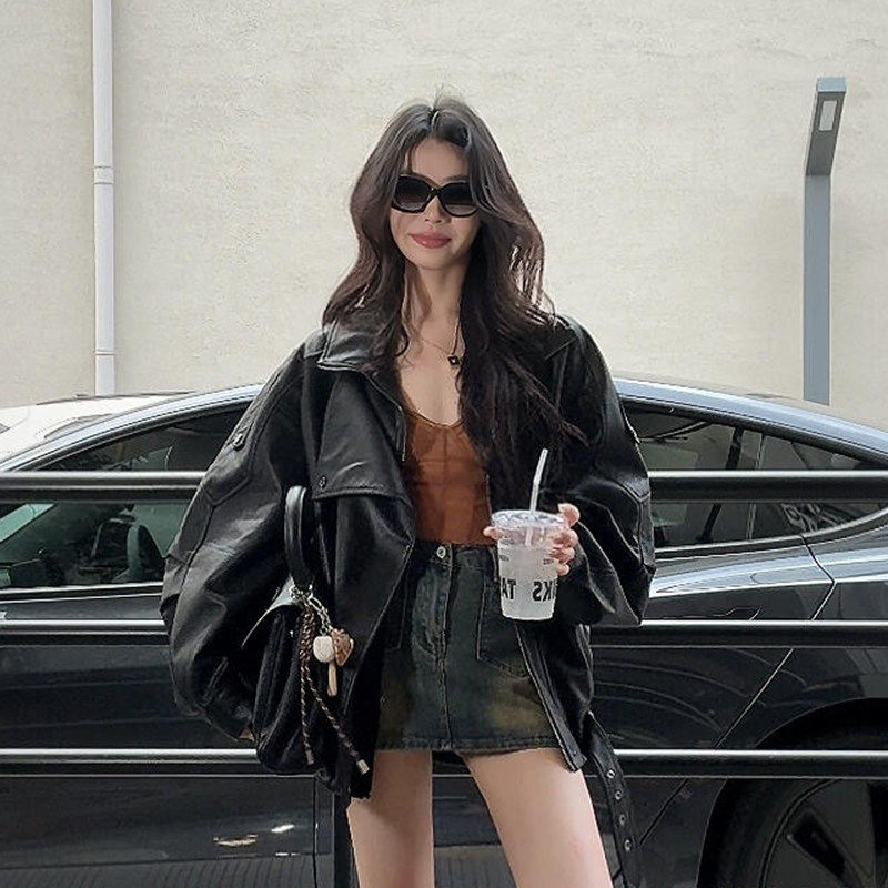 黑色覆古机车翻领pu皮衣外套女酷飒风爆款2025春秋新款皮夹克上衣