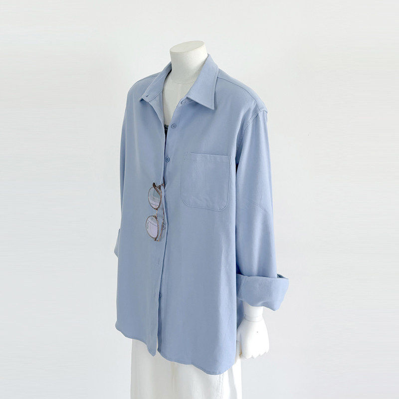 简家 长袖蓝色衬衫女2026年春秋季新款宽松休闲慵懒风纯棉外套