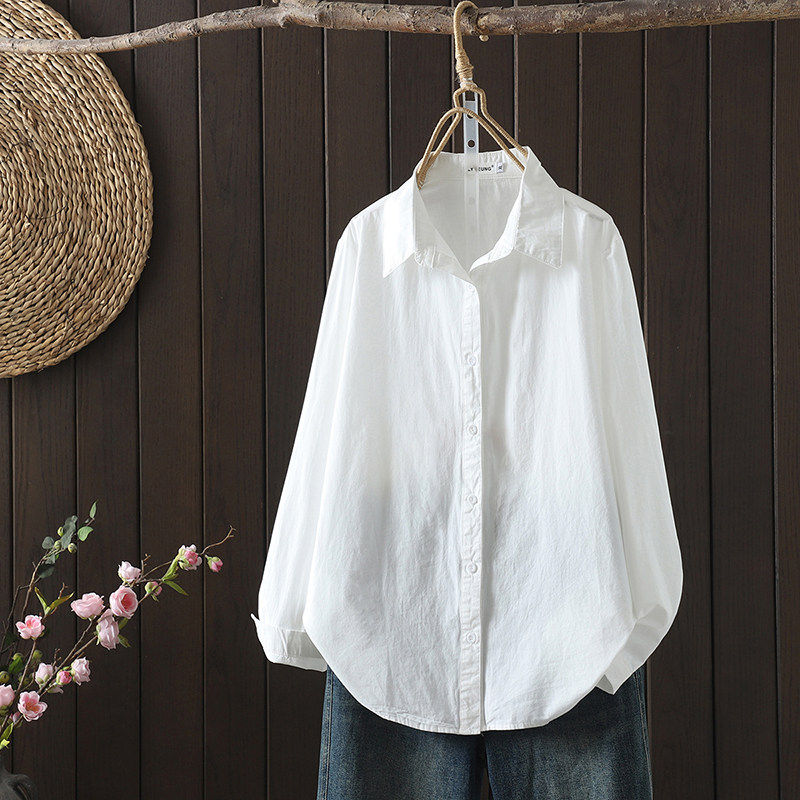 欧货翻领纯棉长袖白衬衫女宽松遮肉2025春季新款职业衬衣外套大码