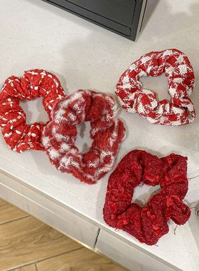 法式红色新年大肠发圈过年秋冬发绳毛线格纹高马尾头绳发饰女皮套