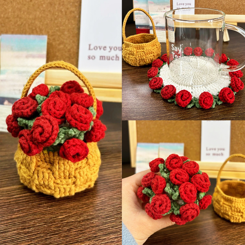 迷你玫瑰花束杯垫毛线钩针手工diy编织材料包针织勾无聊解闷手工