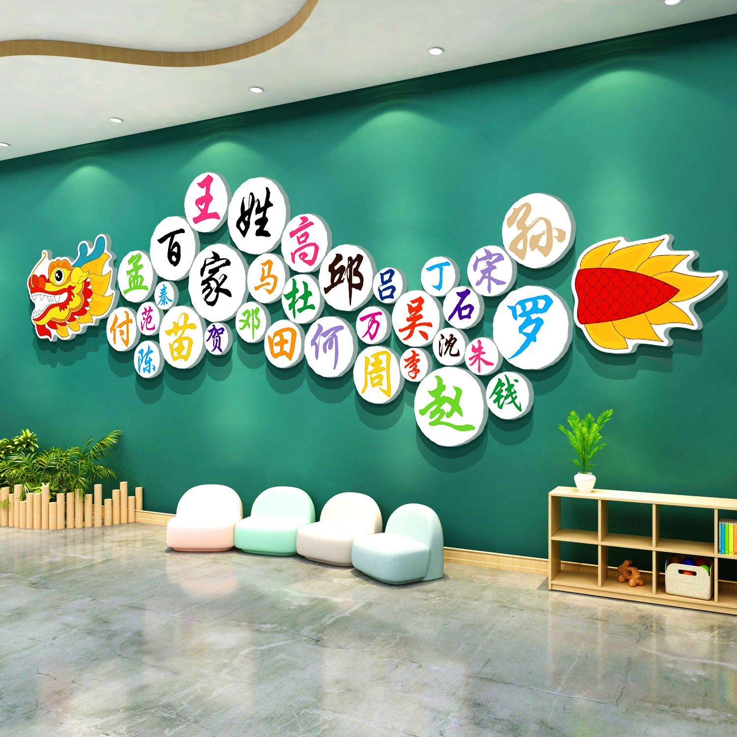 幼儿园墙面装饰百家姓氏文化环创主题成品托管班大厅形象龙头挂贴