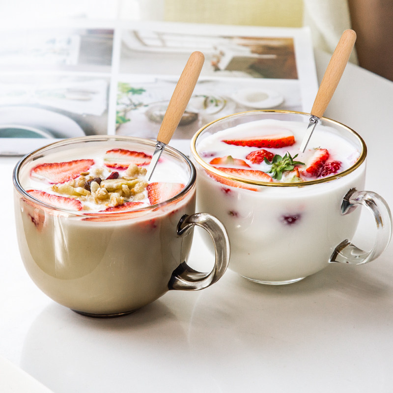 大容量酸奶燕麦杯子带盖勺冲奶粉专用杯儿童喝牛奶早餐杯玻璃水杯