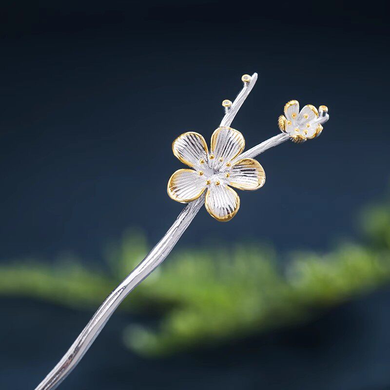 925银桃花描金新中式简约发簪女