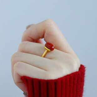 925银新中式 小众蛋面南红戒指女民族风复古轻奢百搭开口食指戒