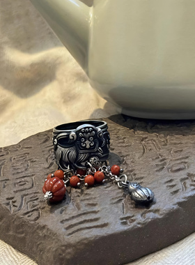 925银复古醒狮南瓜葫芦流苏戒指