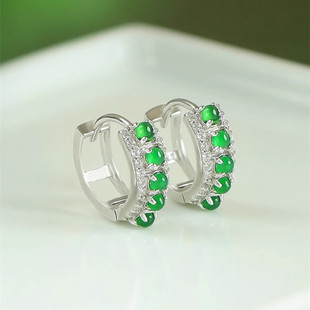 翡翠925银耳环新中式国风耳饰祖母绿耳钉气质轻奢天然碧玉耳饰