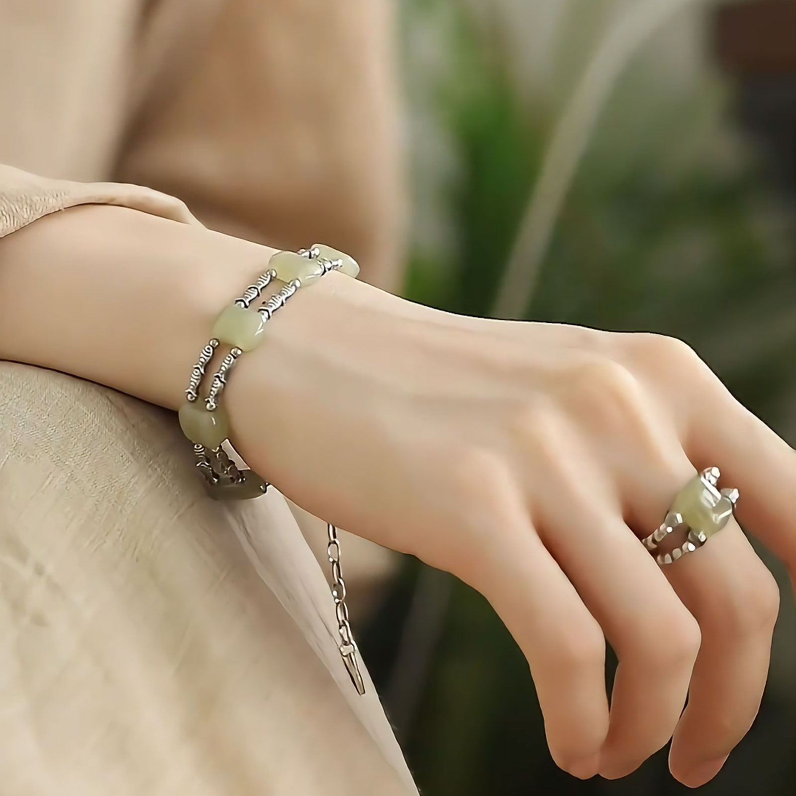 925銀雙層魚紋珠玉牌新中式手鏈