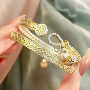 925银铜钱葫芦手镯女民族风描金平安纳福小众高级百搭开口手环