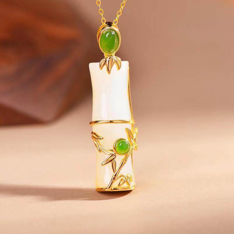 天然白玉竹节项链s925银玉坠女事业节节高升吊坠富贵平安竹玉石