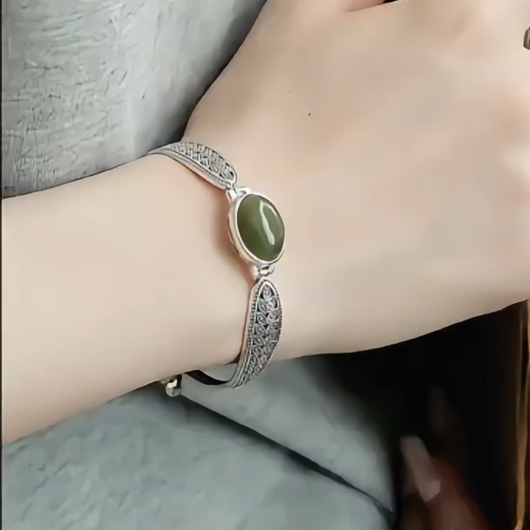 复古925银旦形碧玉麦穗半镯手链