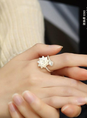 新中式国风925银莲花开口戒指女