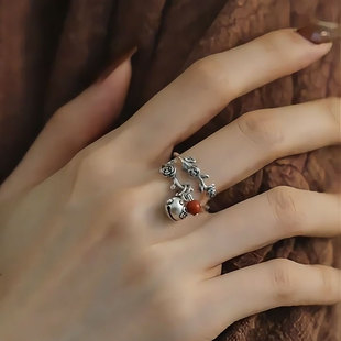925银南红玫瑰藤蔓戒指女新中式复古小众小鸟叠口个性百搭食指戒
