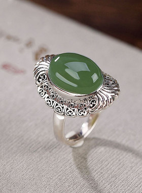 复古925银如意碧玉蛋面开口戒指