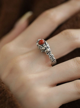 复古925银南红招财貔貅开口戒指