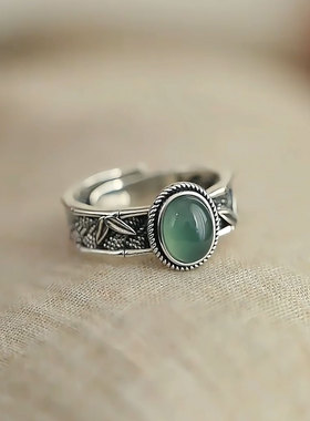 复古925银蛋面竹叶编织活口戒指