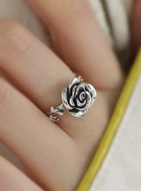 复古925银玫瑰花轻奢开口戒指女