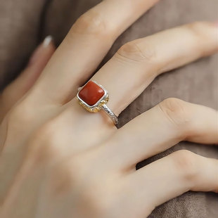 925银复古民族风方形南红玛瑙戒指新中式小众描金精致活口指环