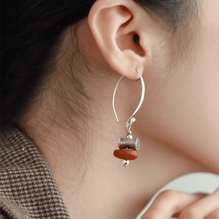 柿子S925银天然蜜蜡复古方枕耳环女小众设计民族风耳钩送女友耳坠