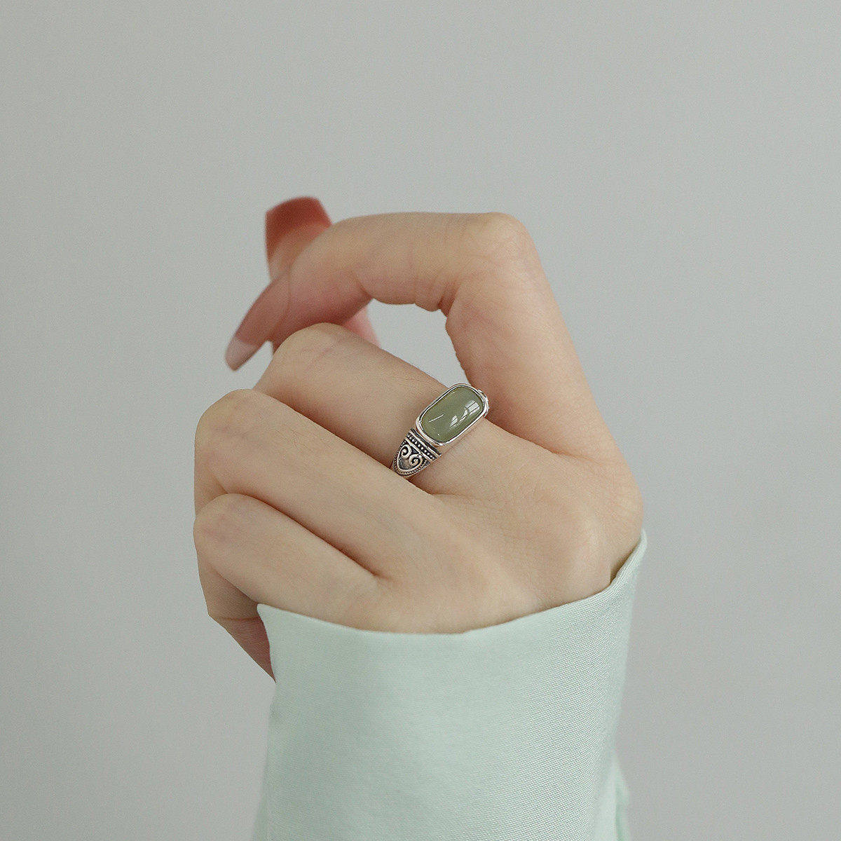 复古925银花纹碧玉戒指女新中式民族风开口可调节个性百搭食指戒