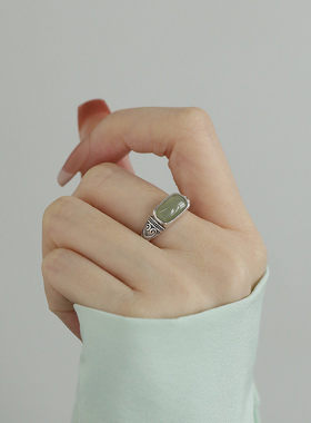 复古925银花纹碧玉开口戒指女