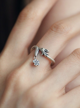 复古925银花朵狐狸开口食指戒女