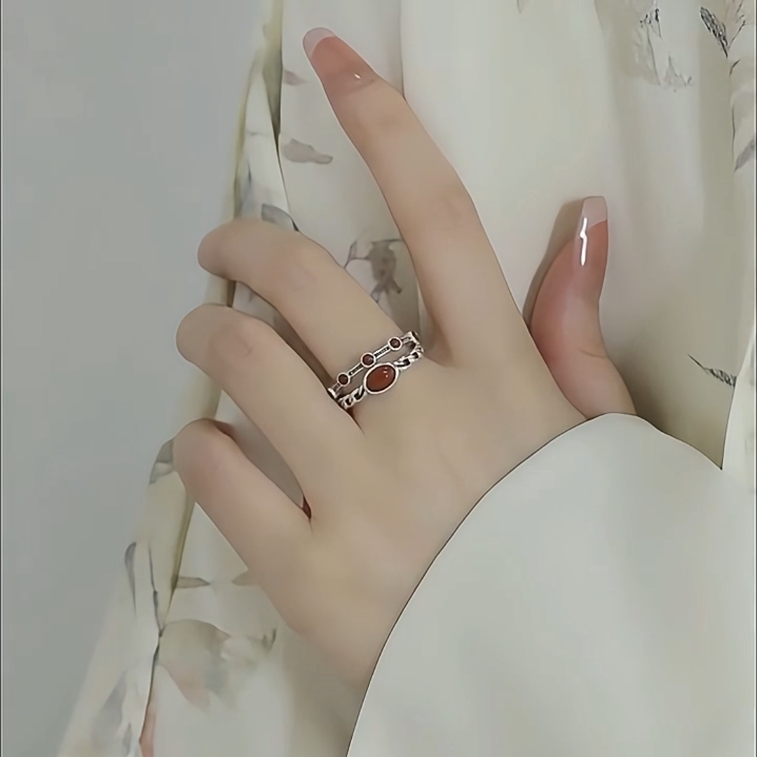 925银新中式双层南红玛瑙戒指高级感复古轻奢开口可调节食指戒女