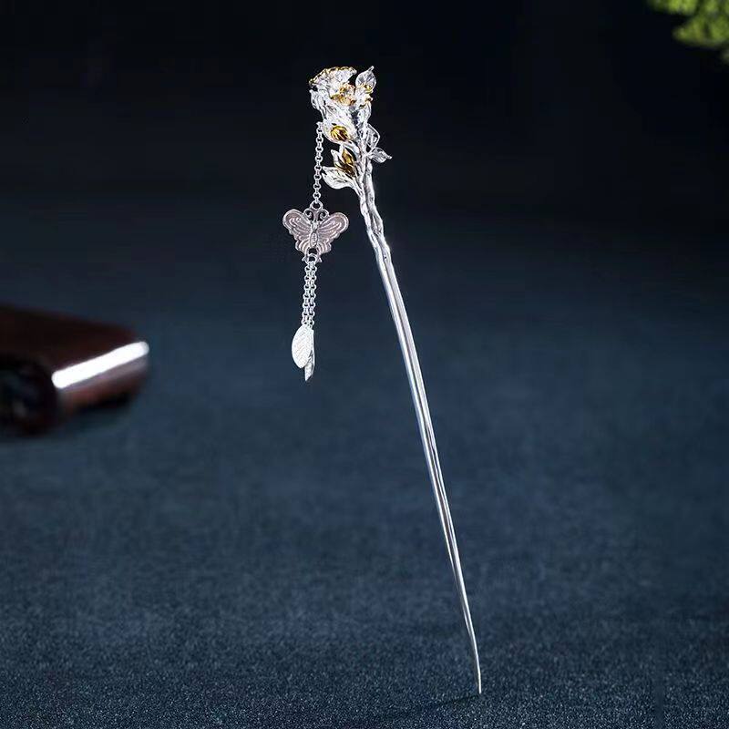 石榴花S925纯银古风日常百搭发簪