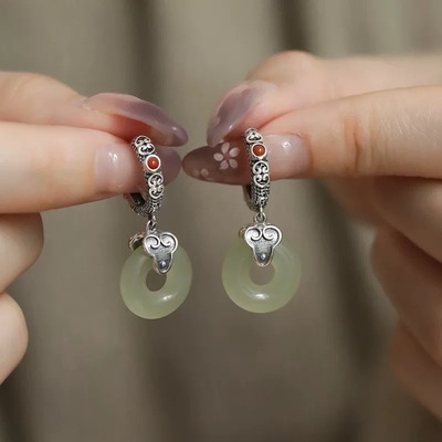 925银新中式如意平安扣百搭耳环