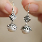 复古925银鸢尾花珍珠耳环女新中式 小众浮雕立体唐草花纹百搭耳环