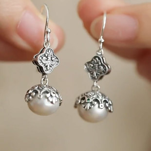 复古925银鸢尾花珍珠耳环女新中式 小众浮雕立体唐草花纹百搭耳环
