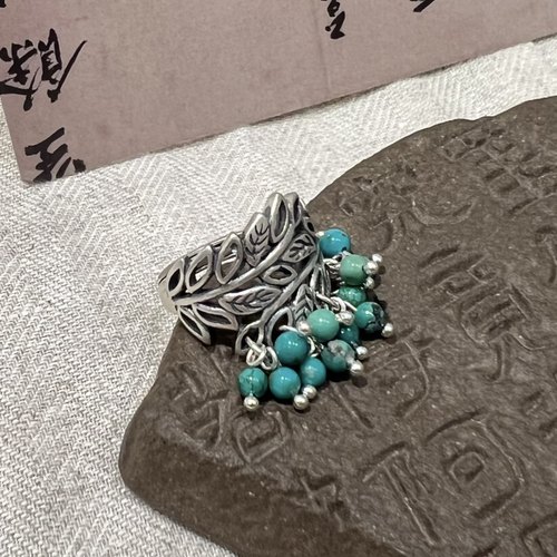 925银新中式绿松石花环镂空戒指