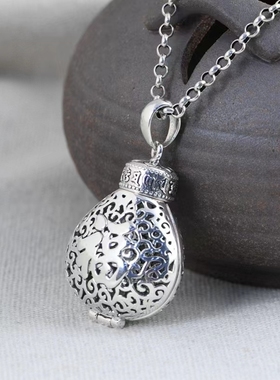 S925银双面福字莲花镂空香囊吊坠