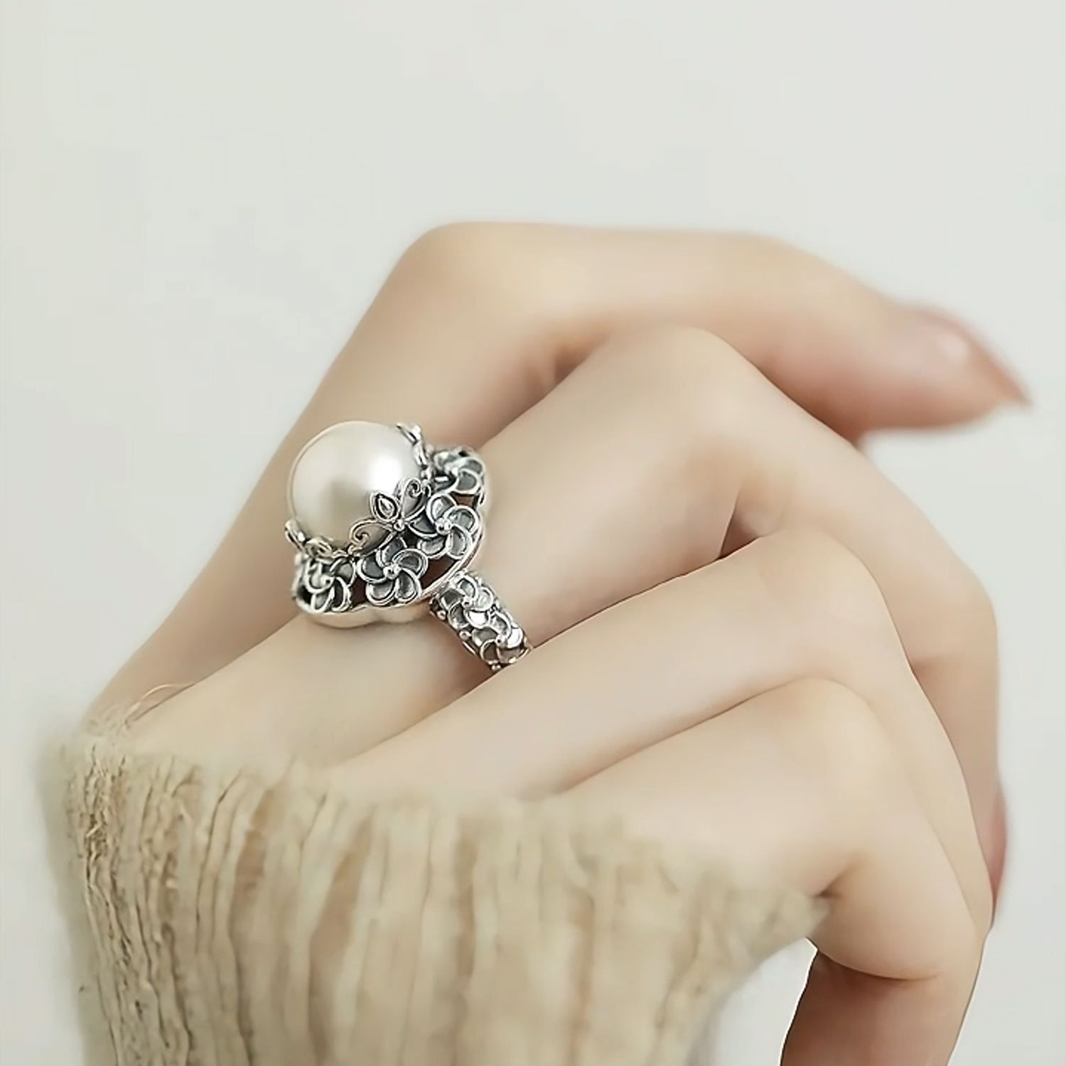 复古925银鸡蛋花珍珠开口戒指女