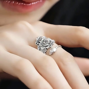 复古925银牡丹花戒指女新中式民族风小众高级感开口可调节食指戒