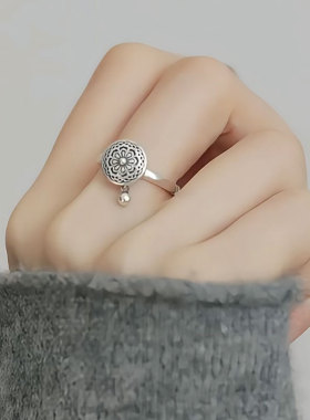 复古925银八宝莲花纹理开口戒女