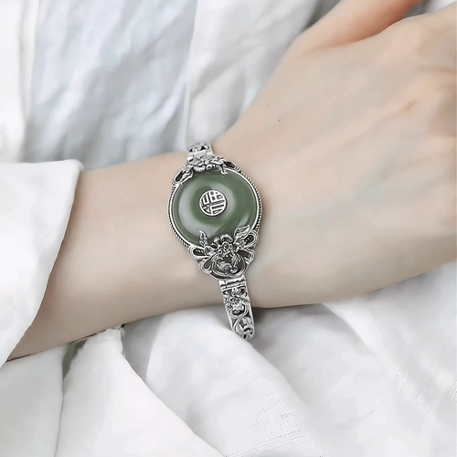 925银福字平安扣国风牡丹花手镯
