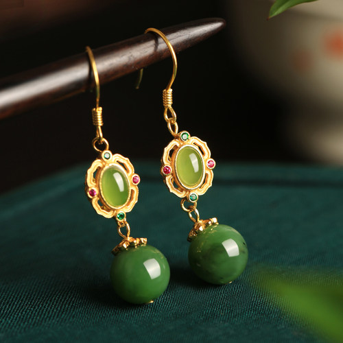 春水碧色新中式国风如意碧玉耳环