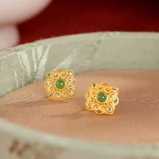 知花意碧玉如意宫廷风耳钉925银镀金镶和田玉镂空雪花丝花纹耳饰