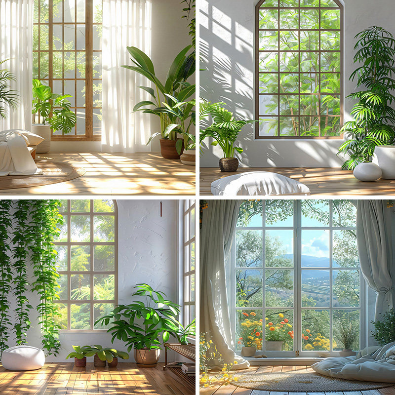 简约窗户绿植风景背景墙直播间大尺寸定制喷绘直播背景布3d立体背景墙温馨北欧网红主播中式高清氛围感高端图片