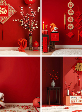 新年福字直播背景布年货节网红主播中国风壁纸画中式室内3d立体背景墙喜庆元旦红色拍照背景布景墙布拍视频