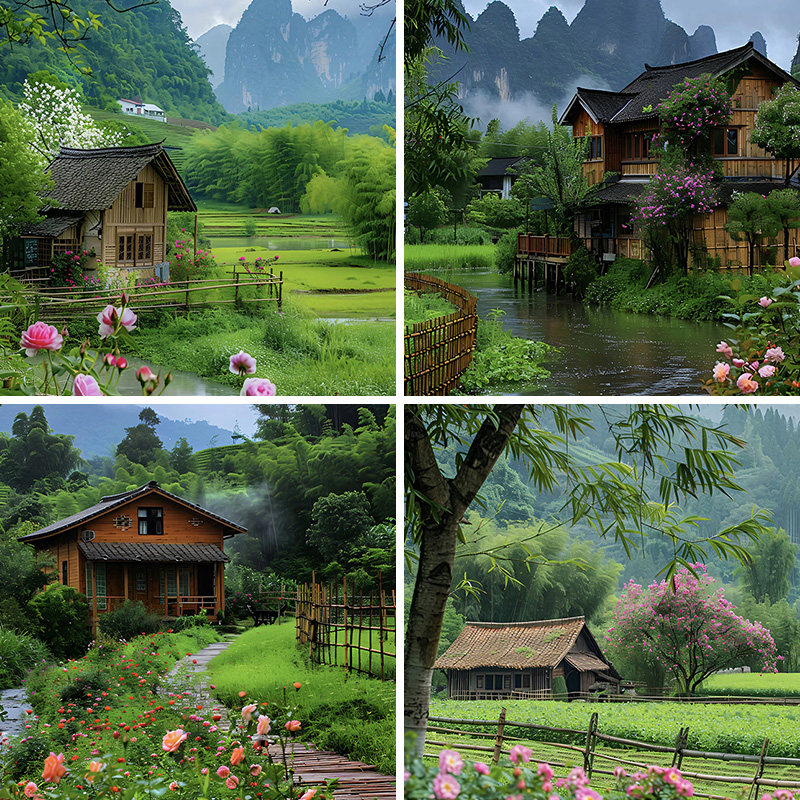 时尚梦幻江南小道室外风景唯美夏季直播间背景墙3d立体壁纸山水鲜花