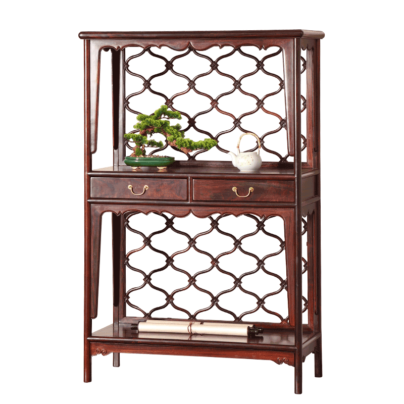 红木家具赞比亚血檀梅花书柜网格敞开式展示柜王世襄款透空背架格